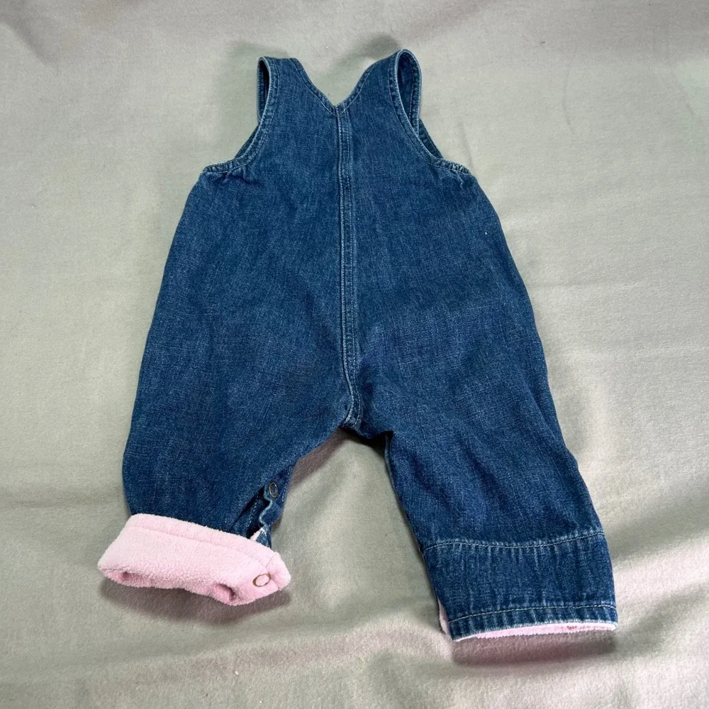 OshKosh Baby Denim Overalls Blue Embroidered Flowers Pink Fleece Trimmed 3-6M